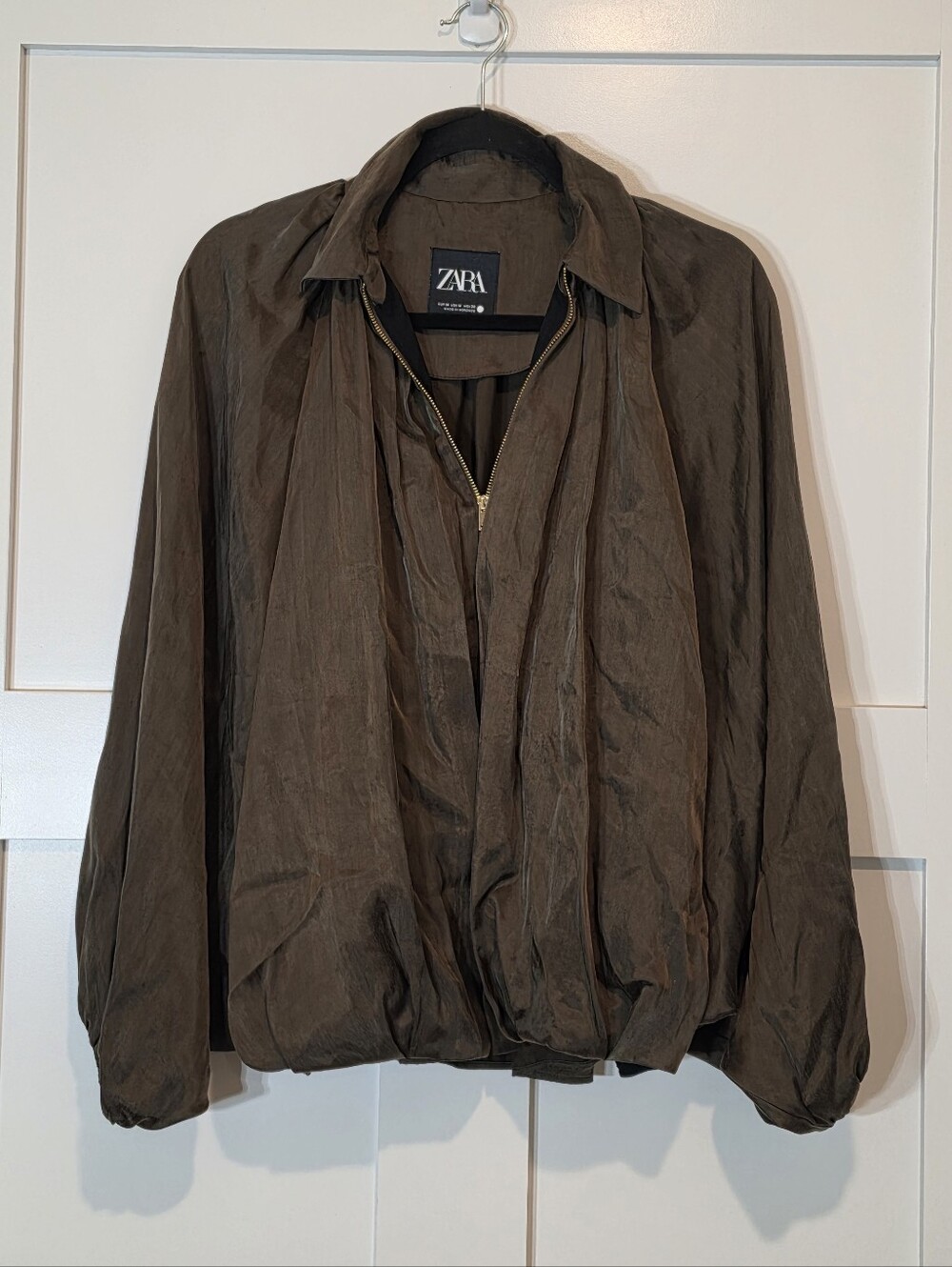 Zara Puffed Bomber Jacket ZW Collection Zip Up Batwings Pockets Olive Brown Med